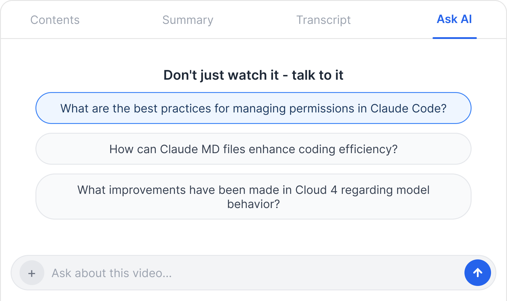 The Ask AI tab with suggested questions about the video and a box to ask your own