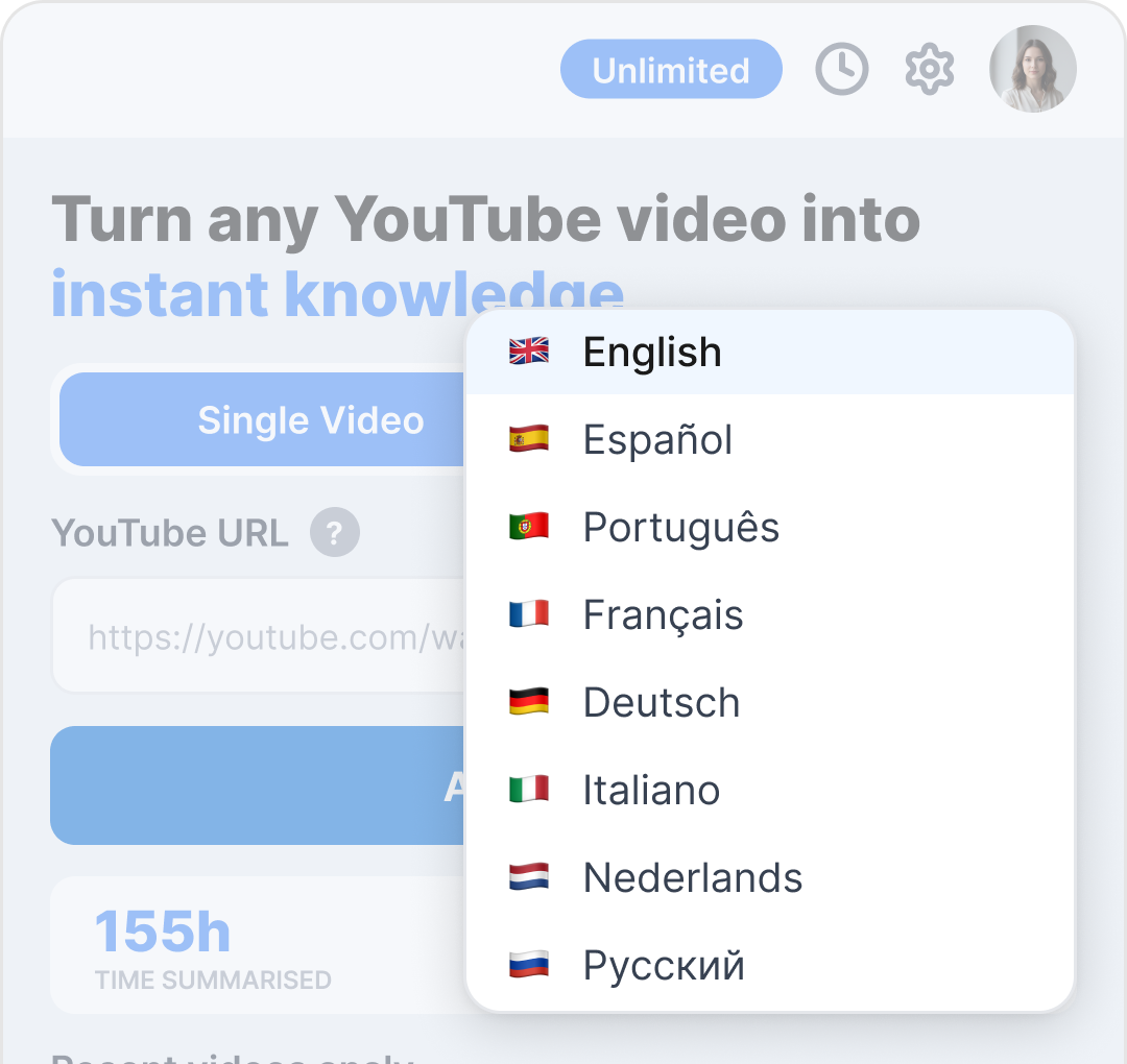 The Claras language picker open, listing English, Español, Português, Français, Deutsch, Italiano, Nederlands and Русский
