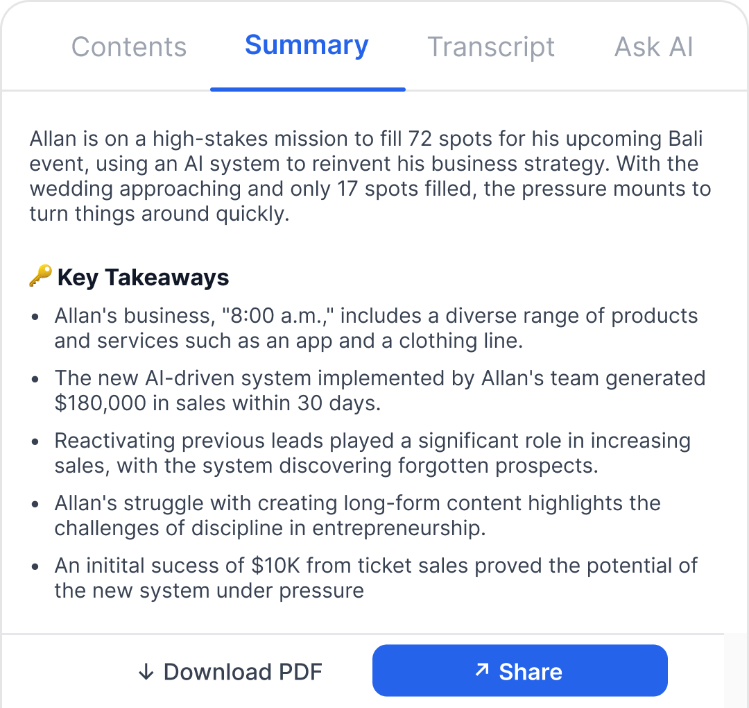 The Summary tab showing a short recap of the video followed by a Key Takeaways list